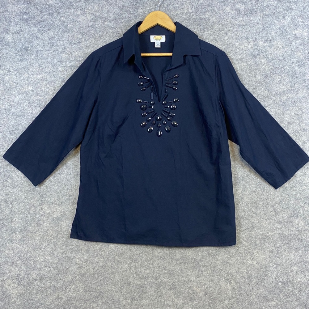 Talbots Woman 1X Navy Blue Embellished 3/4 Sleeve Cotton Linen Top Blouse Beaded